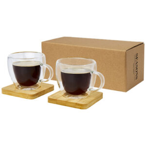 Tasse Manti 2 pièces en verre à double paroi de 100 ml avec sous-verre en bambou (ref : 1-113314)